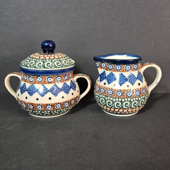 Polish Pottery UNIKAT Creamer Pitcher & Sugar Bowl Set w Lid Handmade Geometric - Picture 1 of 11